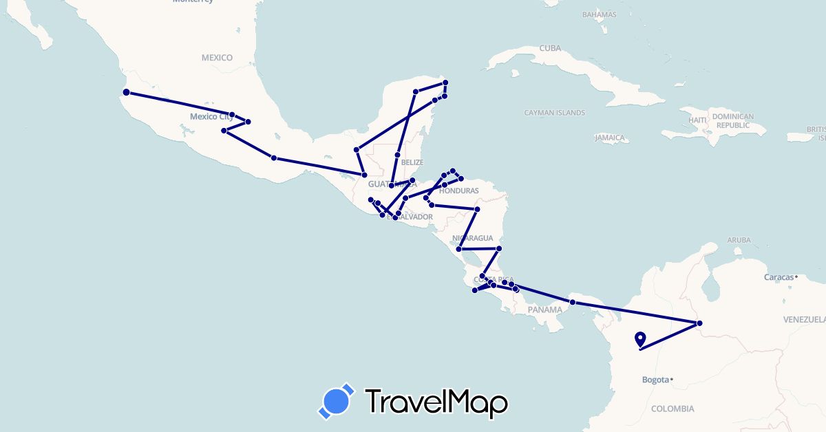 TravelMap itinerary: driving in Colombia, Costa Rica, Guatemala, Honduras, Mexico, Nicaragua, Panama, El Salvador, Venezuela (North America, South America)
